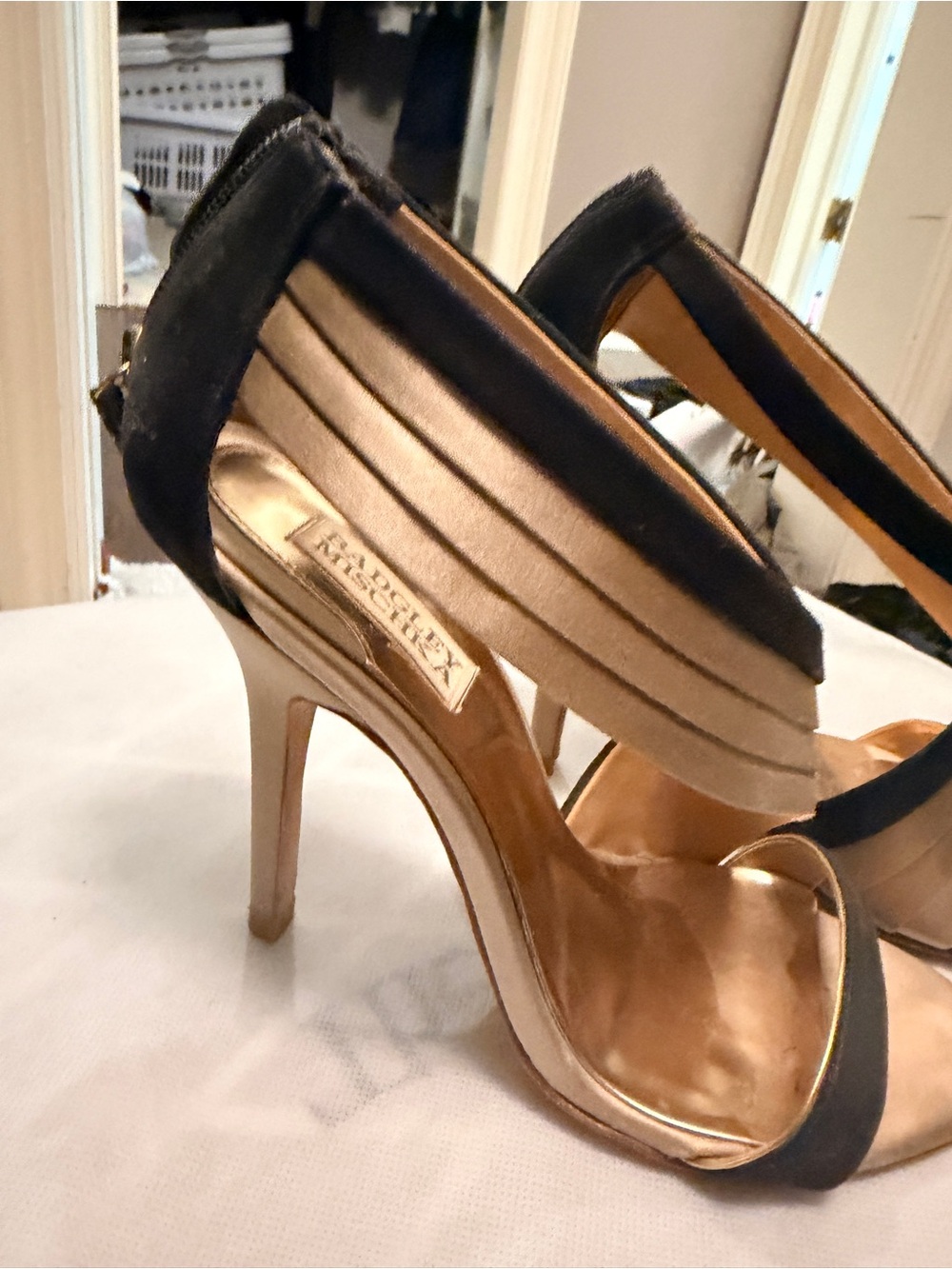 Badgley Mischka Metallic Gold and Black Satin Crisscross High Heels - Picture 2 of 5